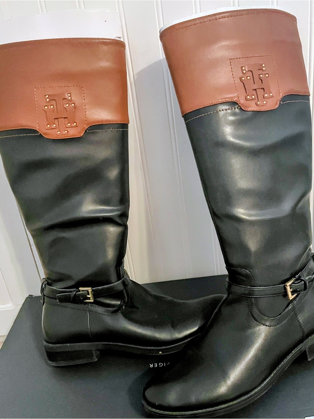 Tommy Hilfiger Black and Brown Two-Tone Tall Riding Boots